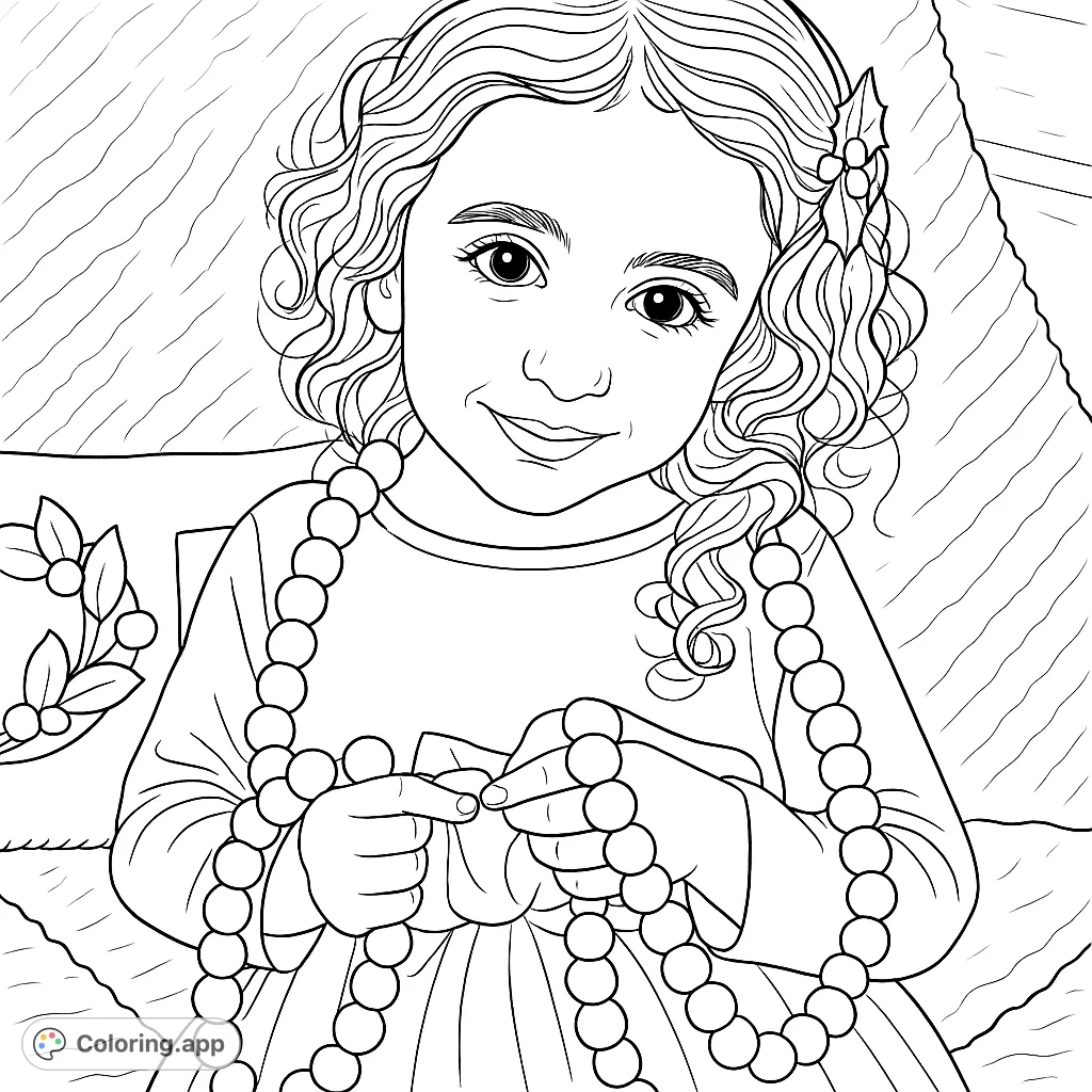A charming little girl with curly hair, holding a playful garland of alternating spheres and a small pouch, set against a cozy, festive background.