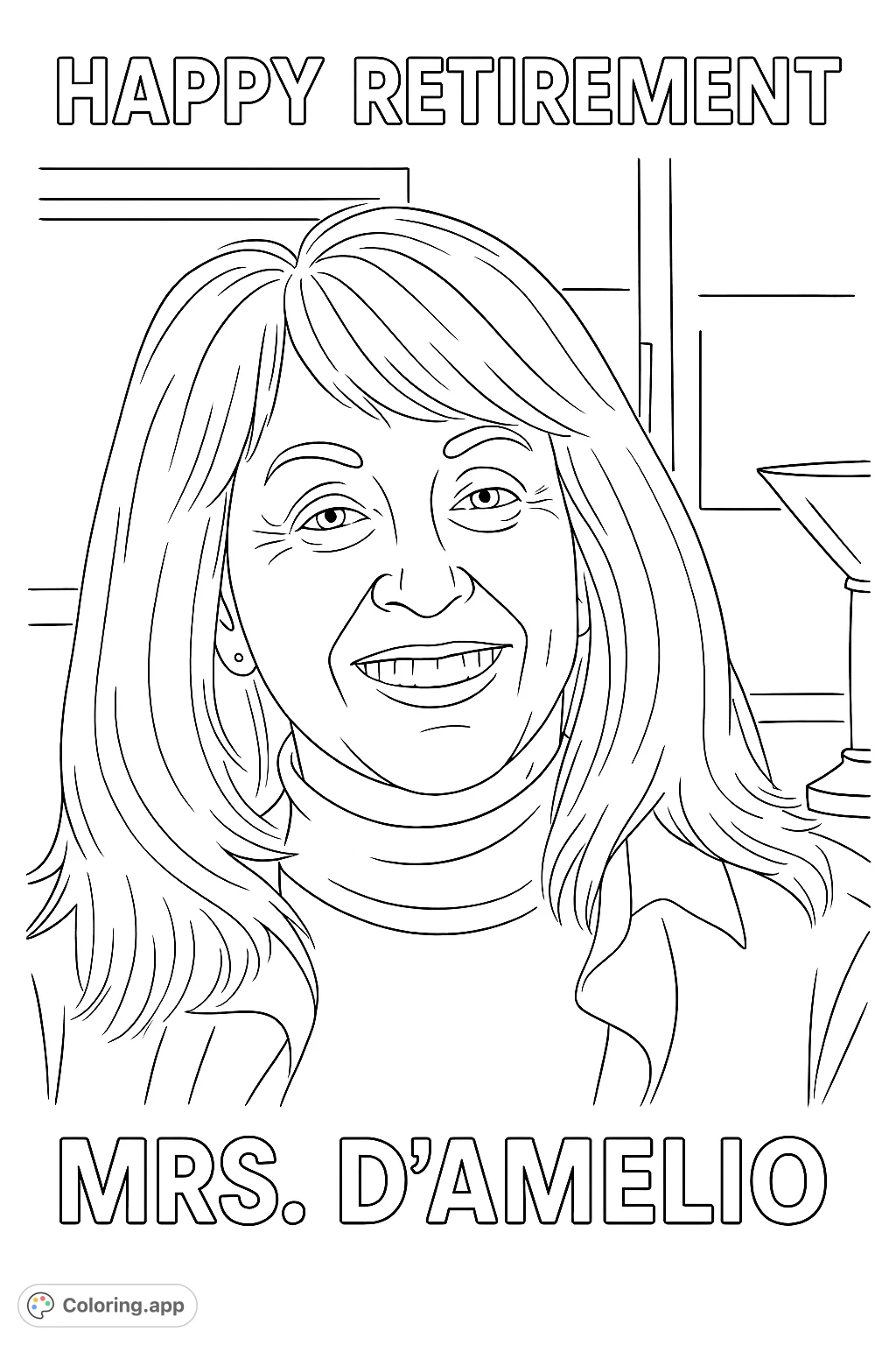 A cheerful woman with flowing hair smiles broadly, wearing a textured shirt over a high-neck top, set against a simple indoor background.