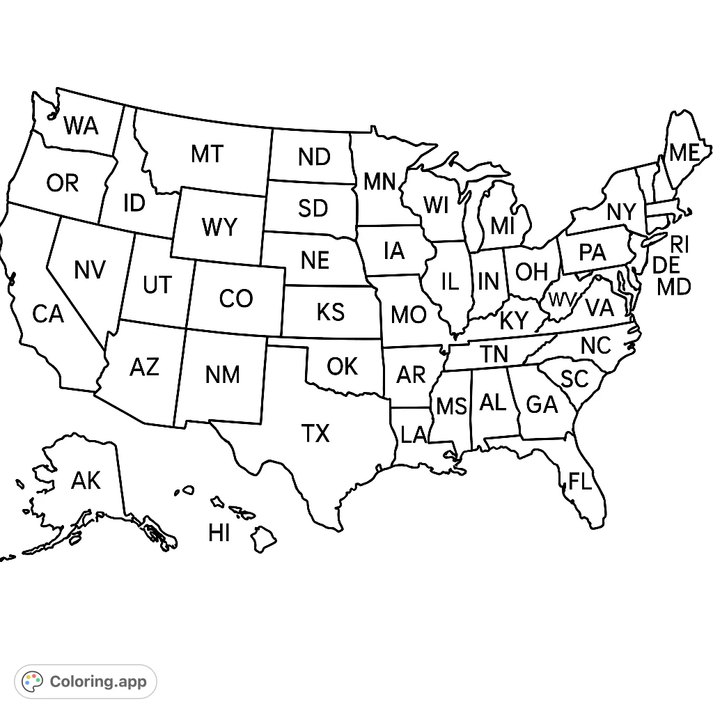Explore US geography with this detailed map of all fifty states, each outlined and labeled. Perfect for learning and creative expression.
