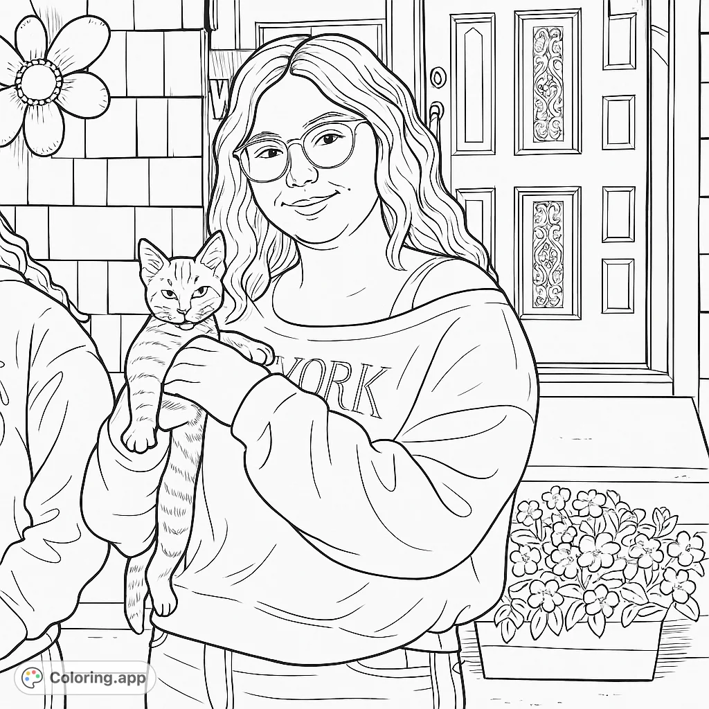 A heartwarming free printable coloring page featuring a smiling woman gently holding an adorable kitten. Perfect for cat lovers and animal enthusiasts.