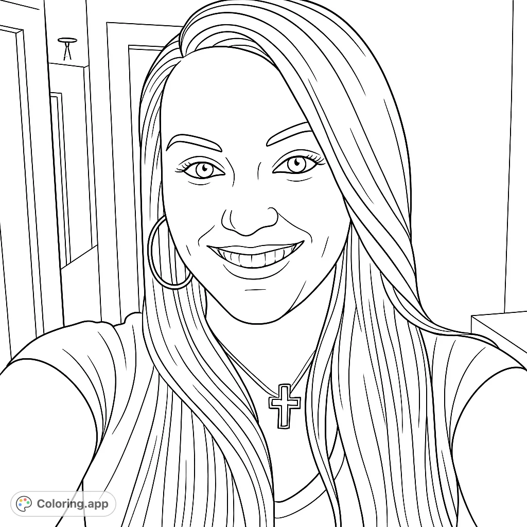 A delightful portrait of a smiling woman with flowing hair and a cross pendant. Perfect for detailed coloring and personal expression.