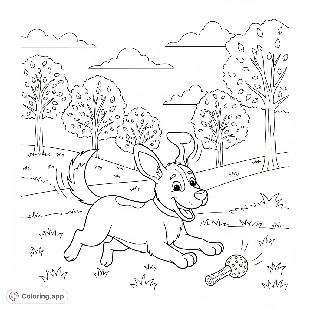 A cheerful dog joyfully playing in a park, with wagging tail and happy expression. Perfect for dog lovers and a fun, free printable coloring page.
