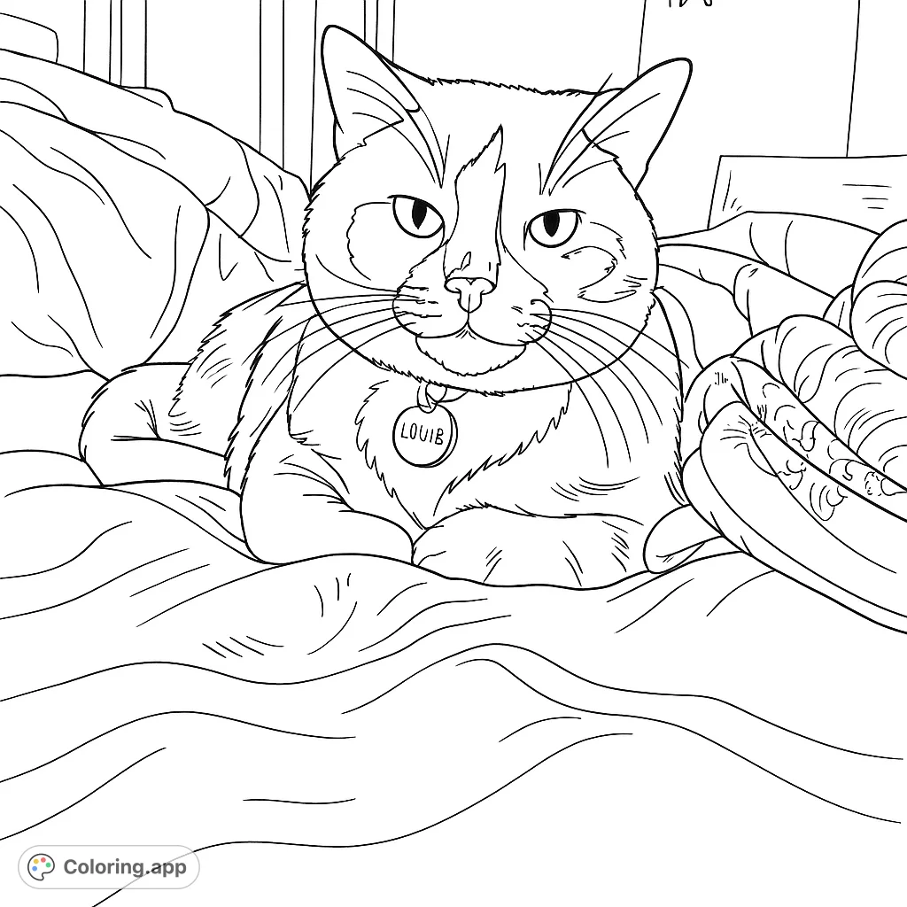 A charming cat rests on a patterned bed, ready for a personalized touch of color. Perfect for animal lovers seeking a relaxing coloring experience.