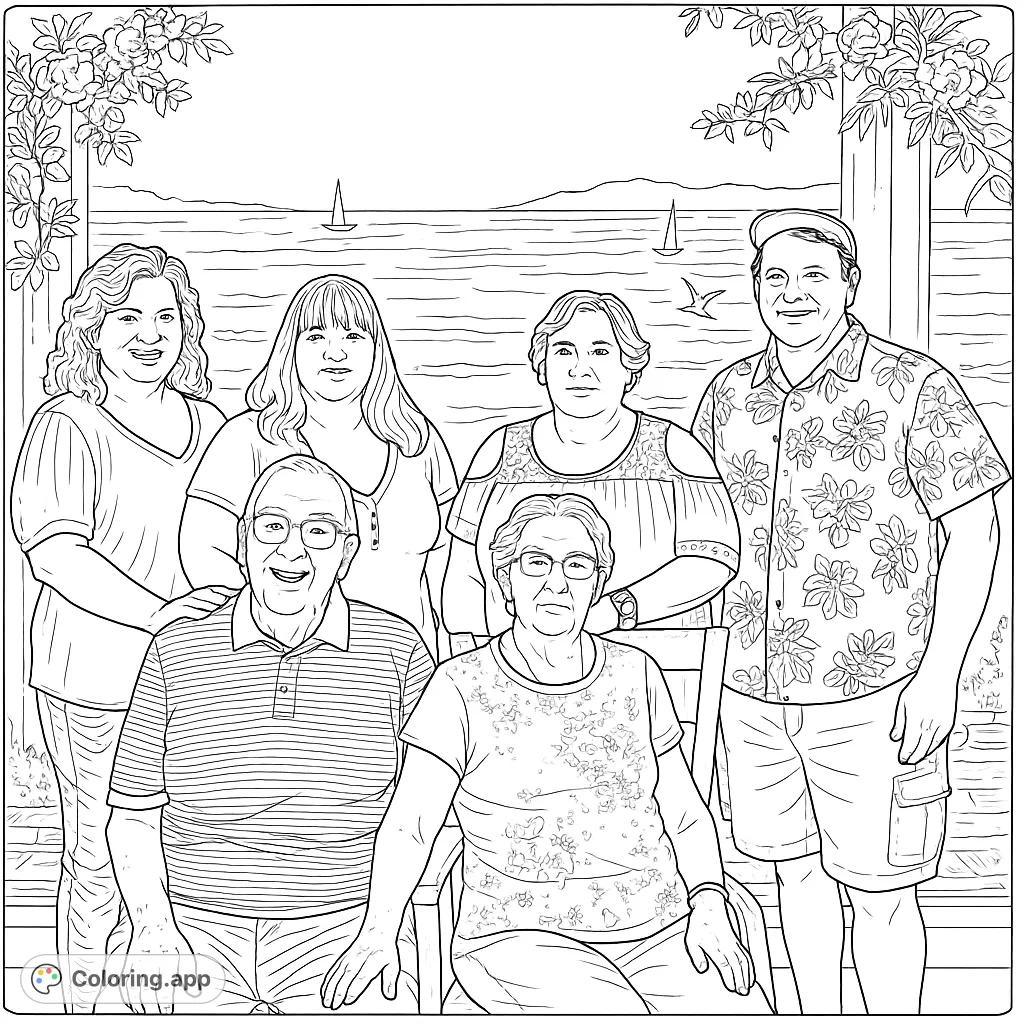 A heartwarming family reunion coloring page featuring six individuals against a stunning ocean mural with sailboats and floral archways. Perfect for detailed coloring.