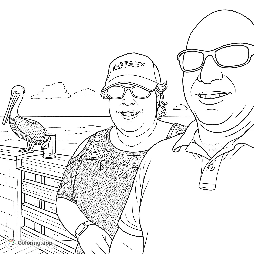 A charming seaside scene featuring two smiling individuals and a pelican on a pier. Perfect for a relaxing coloring experience by the ocean.