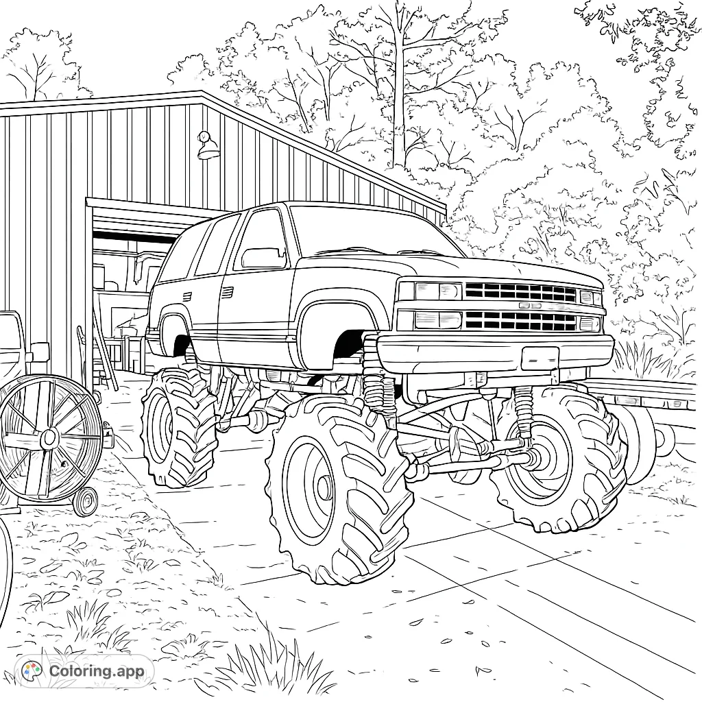 A massive lifted SUV with huge tires and detailed suspension stands ready. Perfect for fans of powerful vehicles and off-road adventures, set against a workshop backdrop.