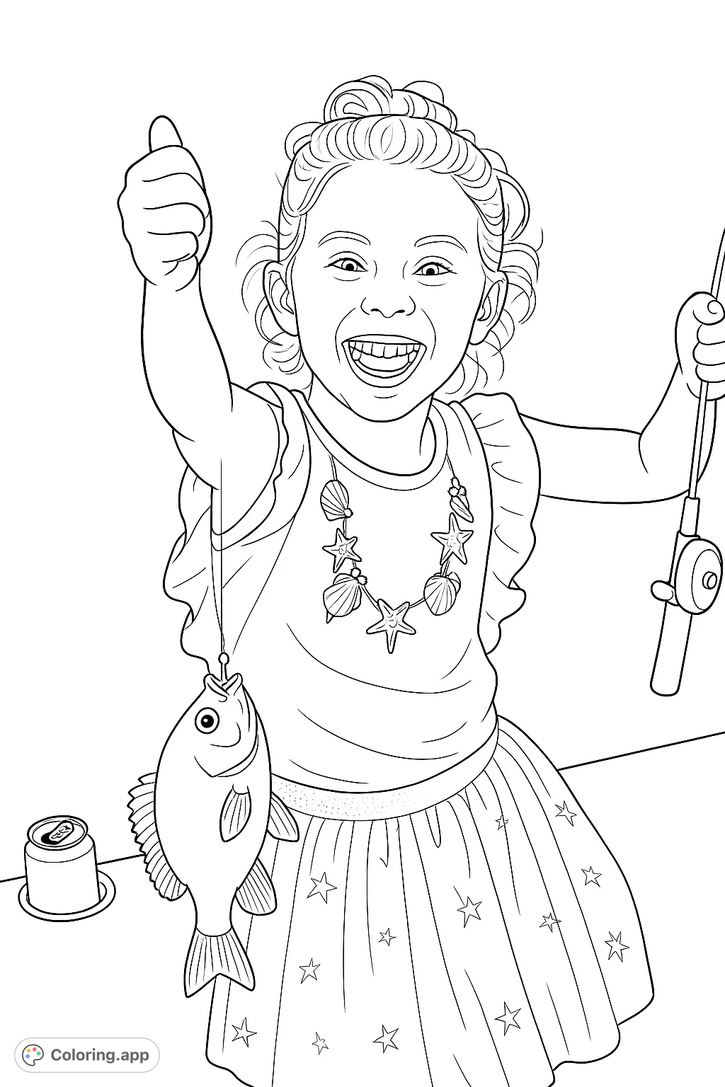 Capture the excitement of a child's first catch! This fishing coloring page features a beaming youngster proudly displaying her fish and fishing rod.