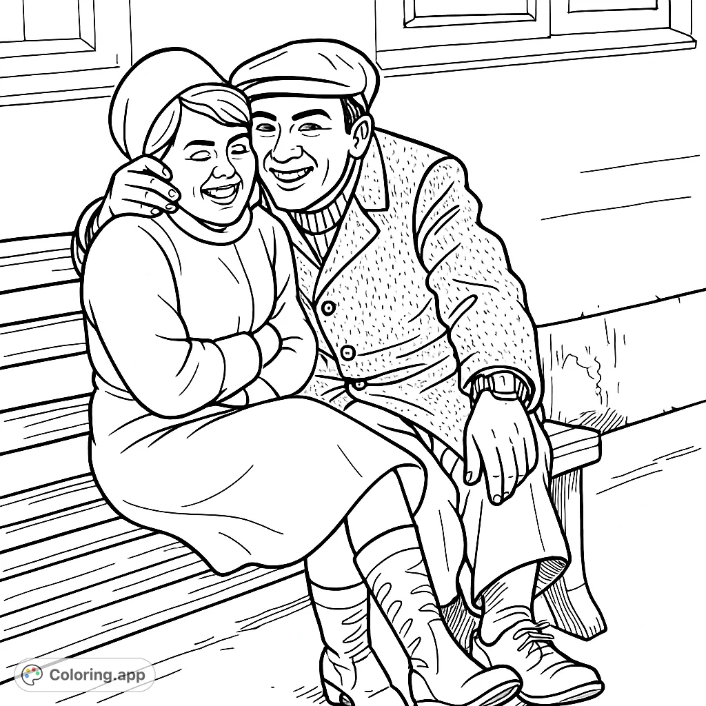 A cartoony image of a joyful couple embracing on a park bench, featuring bold outlines and many details. A romantic, free printable coloring page.