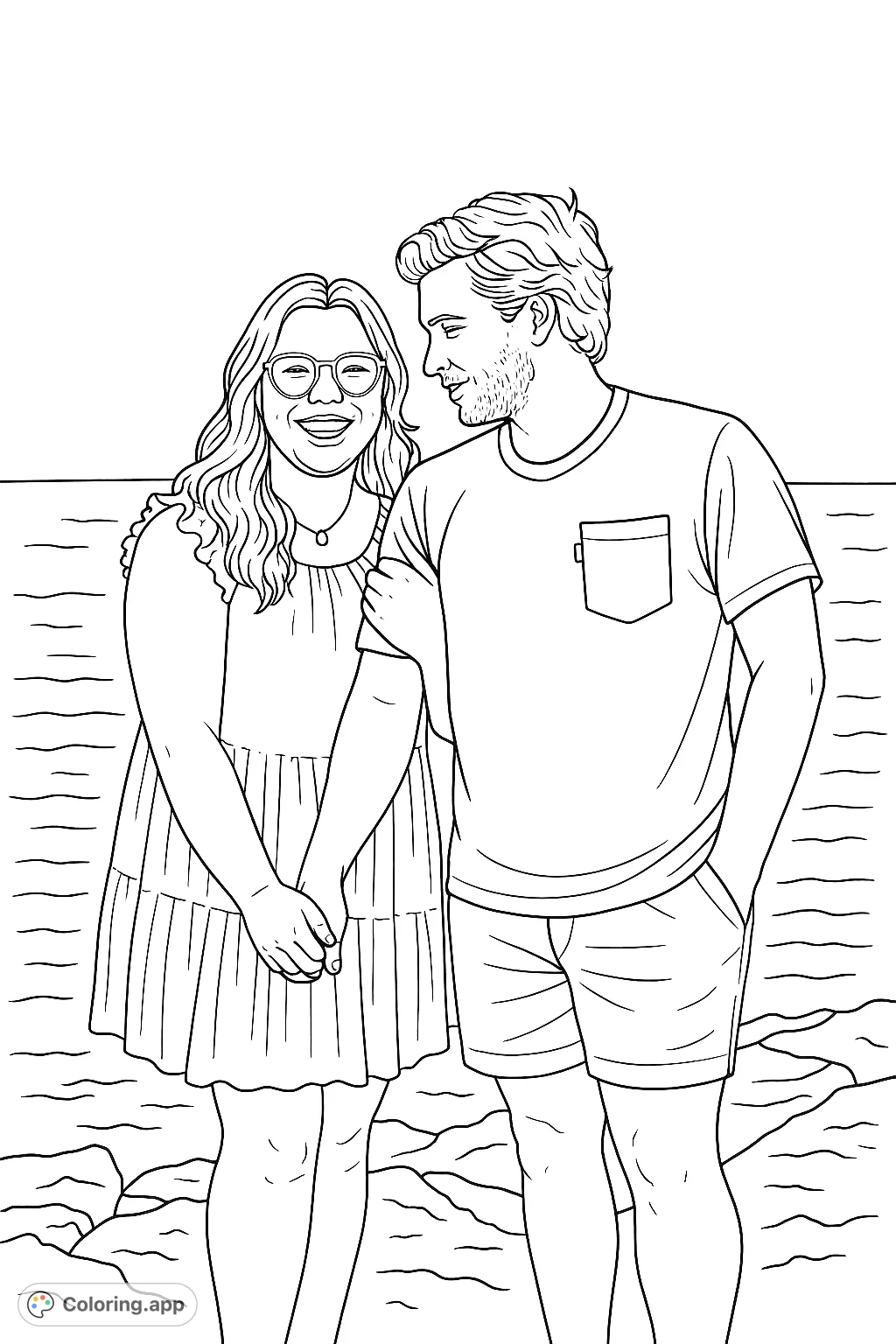 Capture a heartwarming moment with this couple by the water coloring page. Features a smiling pair holding hands on a rocky shore, perfect for romantic themes.