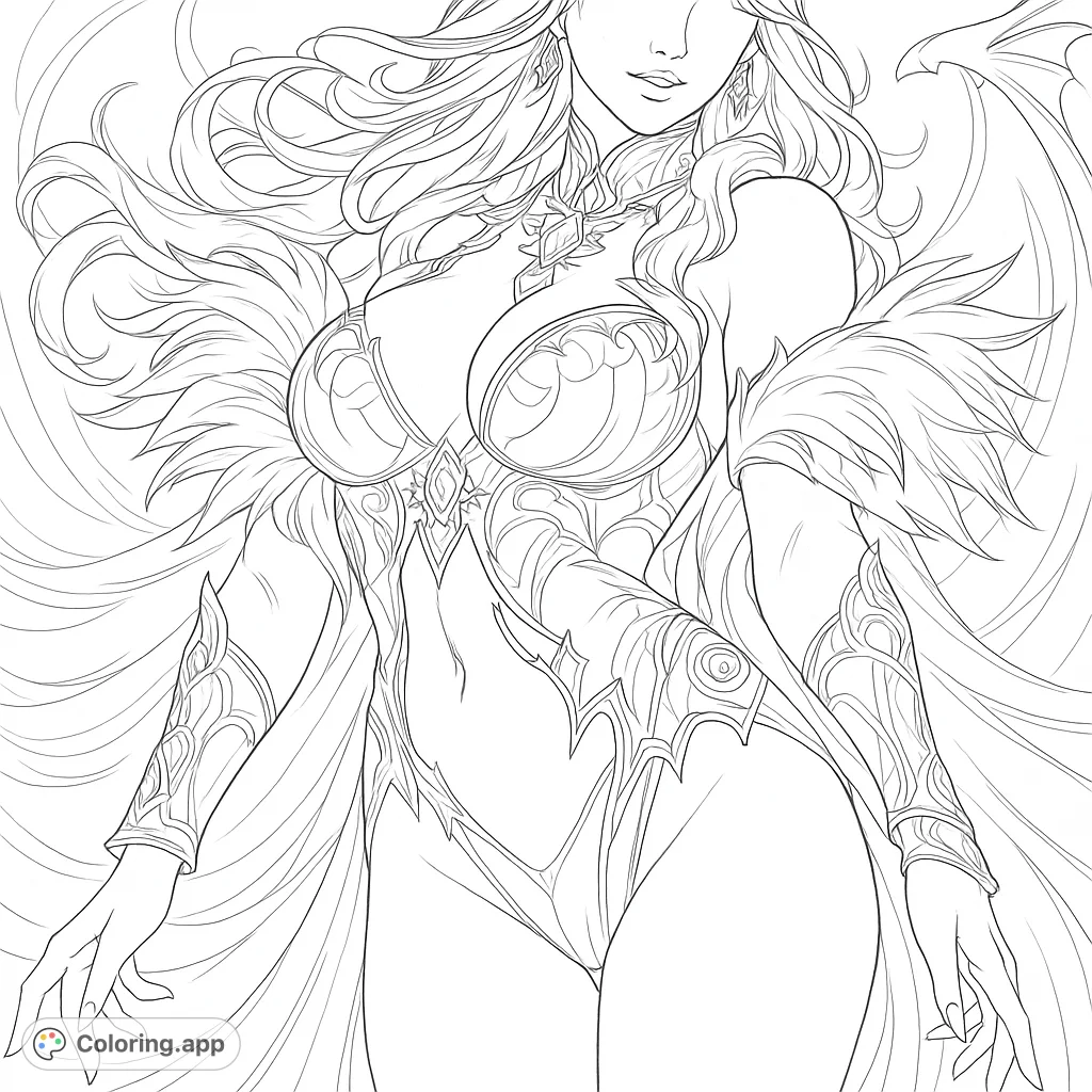 An intricate fantasy guardian with flowing hair, elaborate armor, and mystical jewelry. A captivating scene for detailed coloring.
