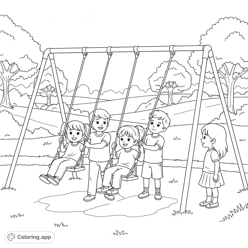Joyful kids play safely on swings in a sunny park. This free printable safety while playing coloring page promotes good habits and fun for children.