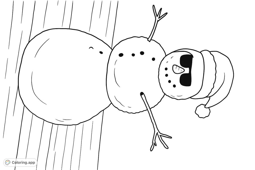 Color this charming three-tiered winter friend, complete with stick arms, expressive eyes, and a cozy scarf. A delightful and whimsical scene for all ages.