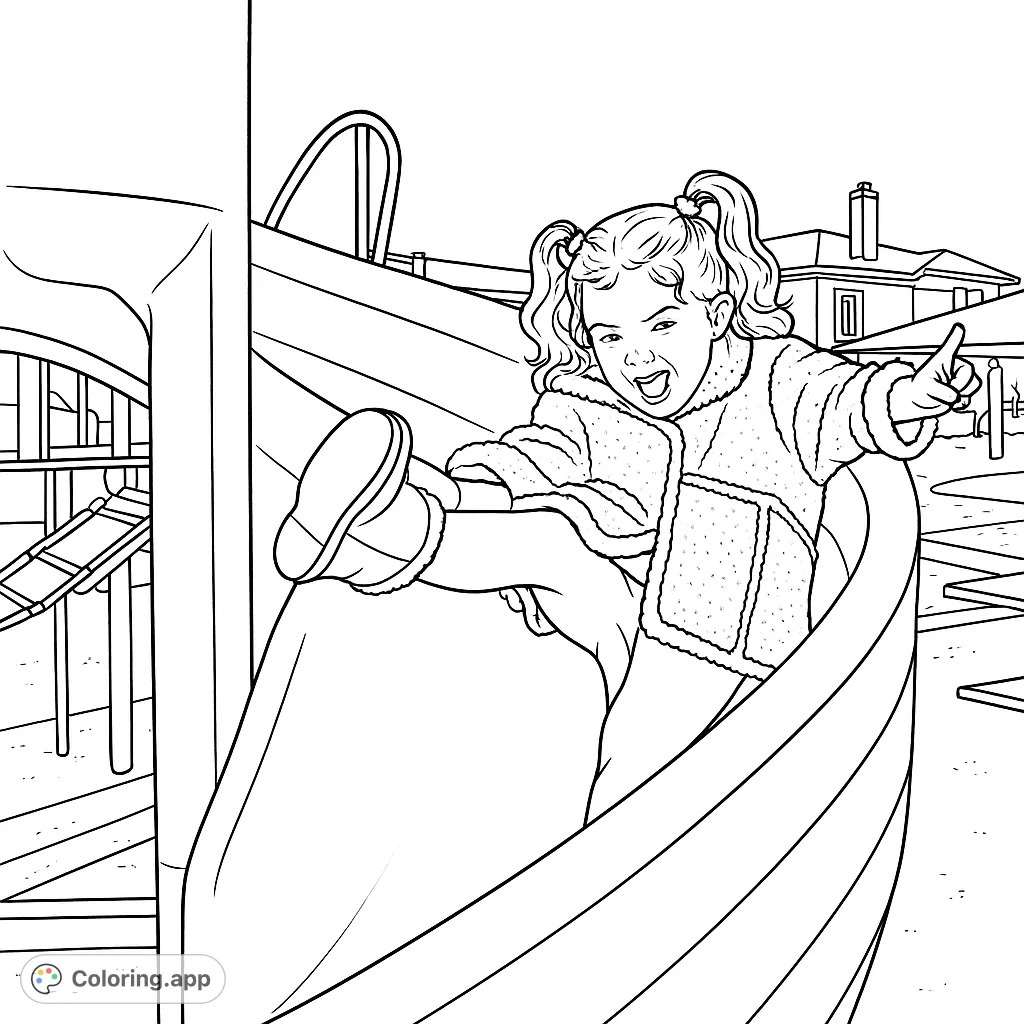 A joyful child on a playground slide, smiling and giving a thumbs-up. This fun coloring page captures pure childhood happiness amidst outdoor play.