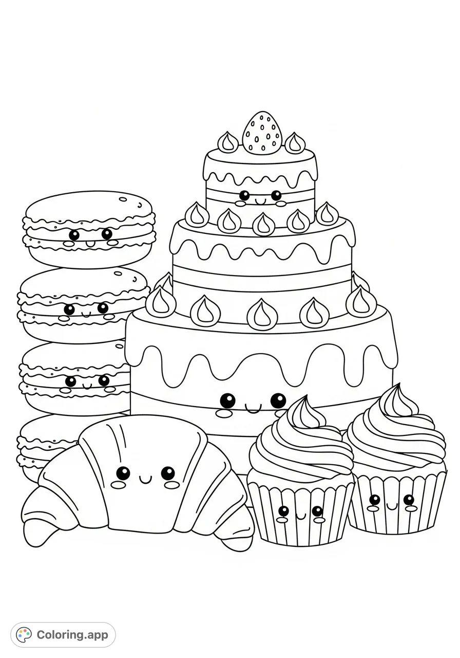 A charming kawaii dessert coloring page featuring a cute cake, croissant, macaroons, and cupcakes with adorable faces, perfect for sweet creativity!