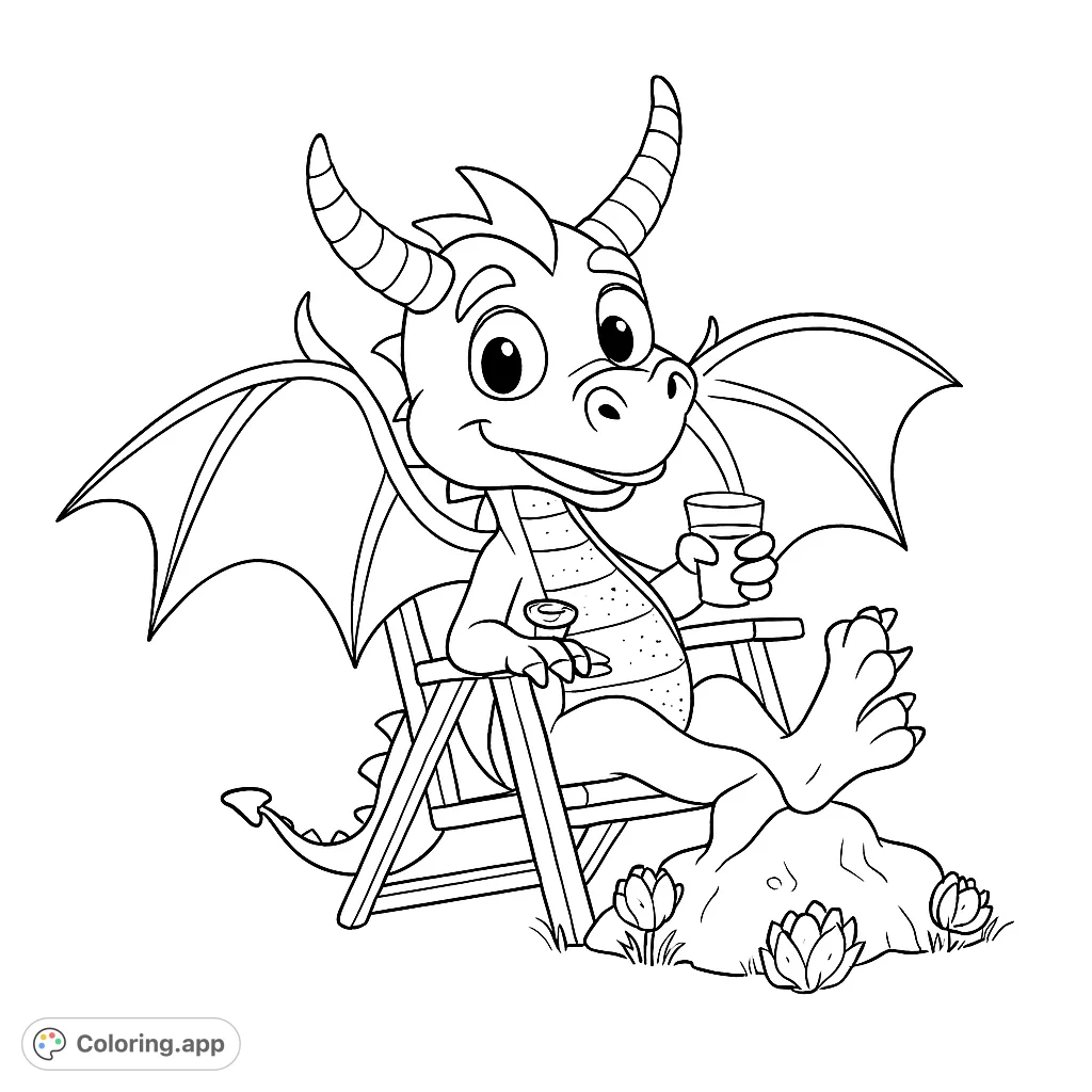 A happy dragon enjoys a tropical drink in a beach chair, surrounded by exotic fruit. A fun dragon coloring page for relaxation and creativity.