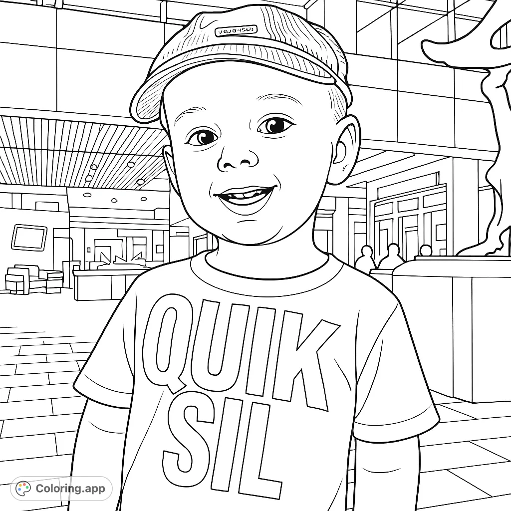A delightful coloring page featuring a smiling child in a cap, ready for creative expression. Explore details of clothing and a grand indoor setting.