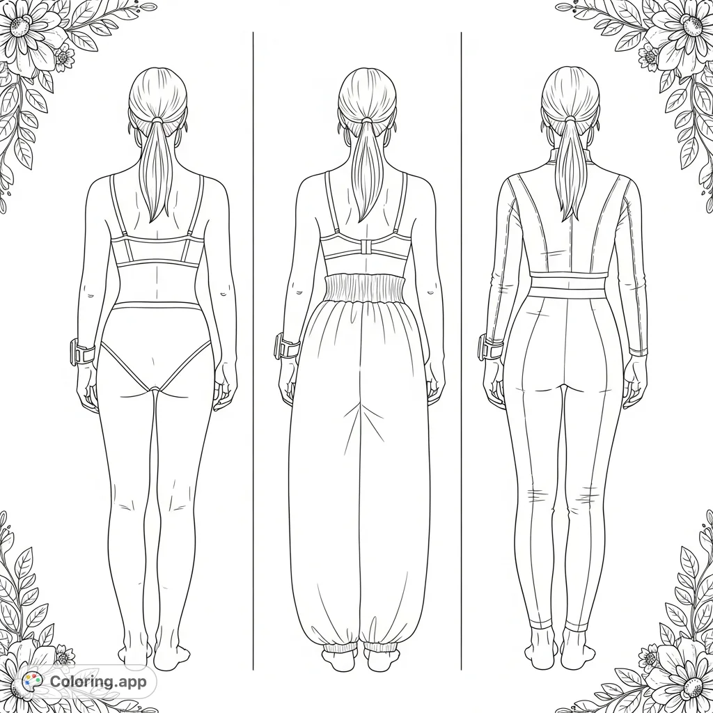 Explore human form with this unique coloring page featuring a figure in three distinct back views, showcasing various garment styles and detailed anatomy. Perfect for study.