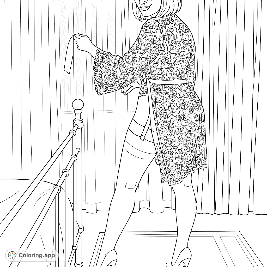 An elegant woman in a delicate lace robe and stockings, standing in a sophisticated bedroom. Perfect for adult colorists exploring fashion and intricate patterns.