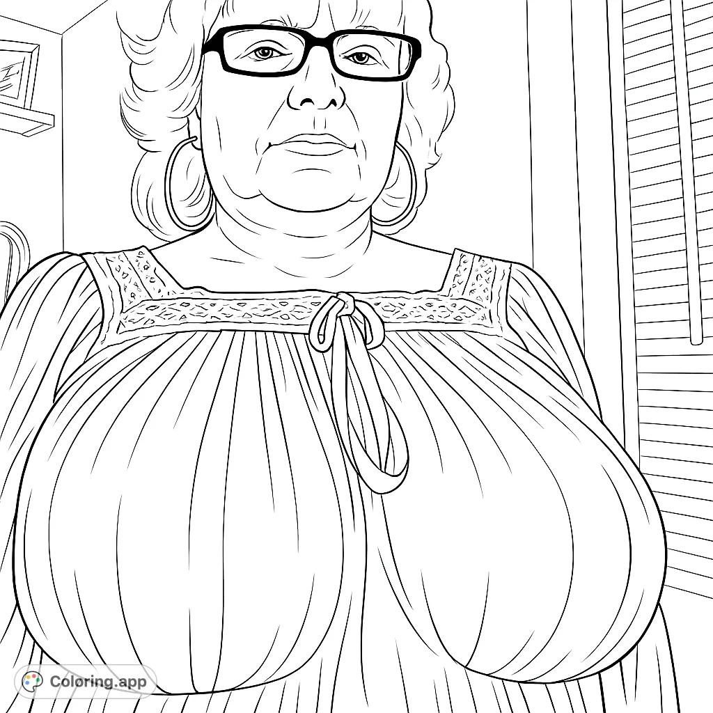 A detailed portrait of a mature woman featuring her elegant curly hair, glasses, and a charming gathered top with intricate lace and ribbon details.