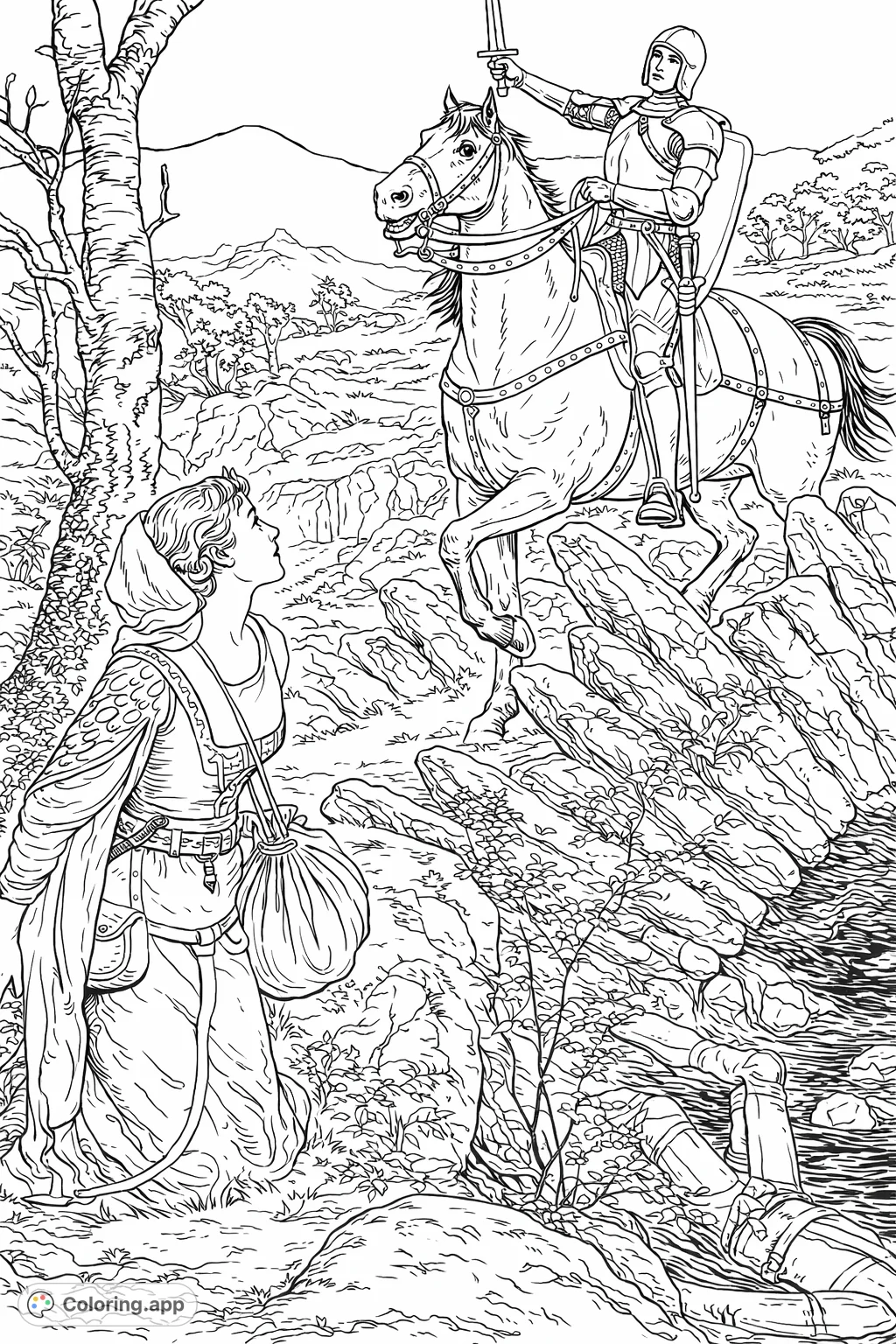A dramatic medieval encounter featuring a knight on horseback meeting a kneeling maiden in a rocky, wooded landscape. A fallen figure lies nearby.