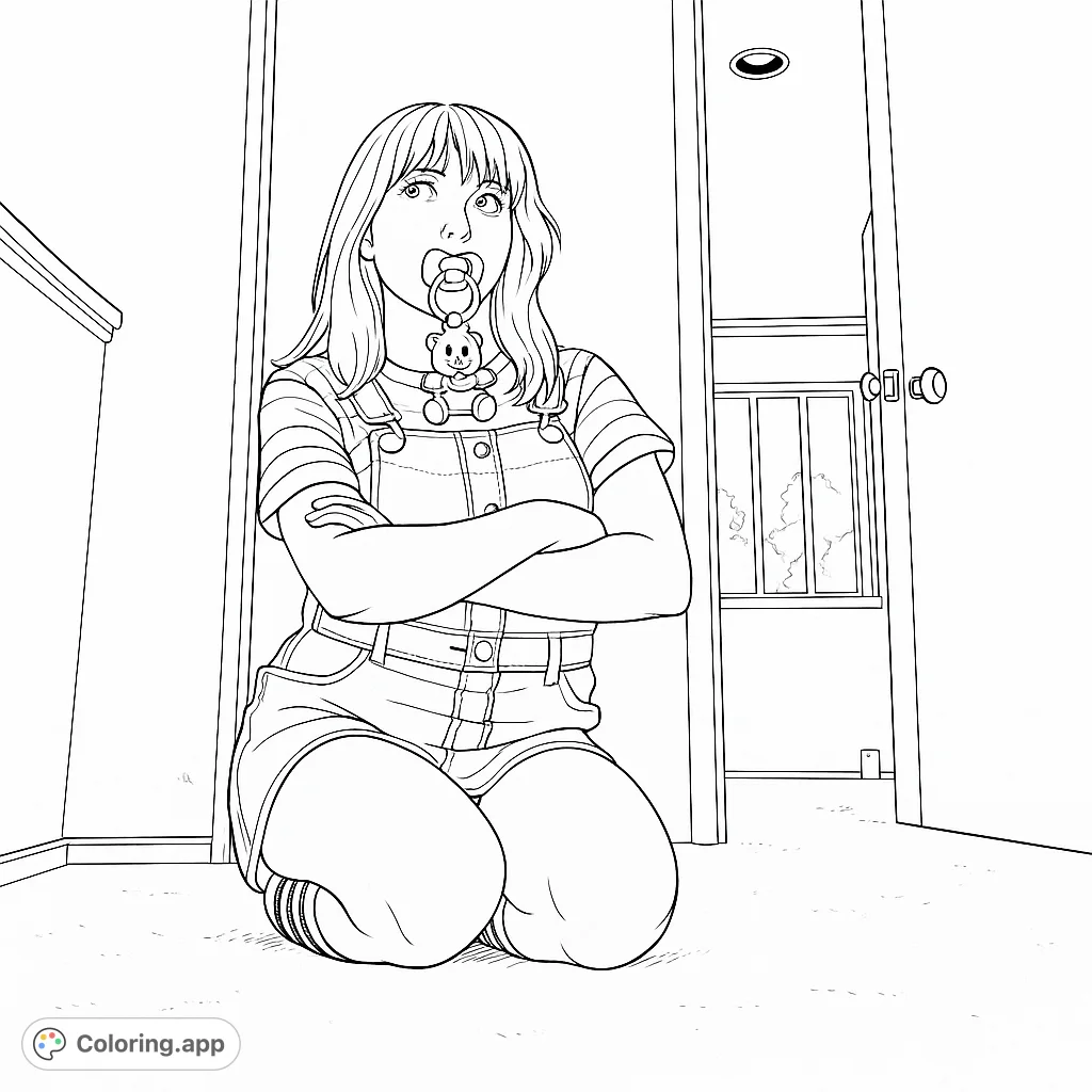 Discover a unique coloring experience featuring a person in denim overalls, holding a pacifier, kneeling on a textured carpet. Perfect for a mindful creative escape.