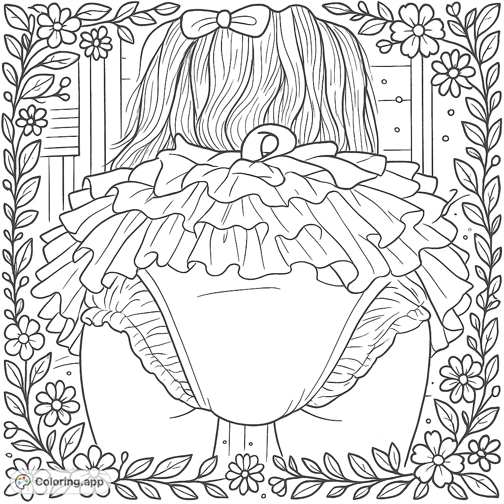 A unique coloring page features a figure from behind wearing a whimsical ruffled garment with a large bow, set against a softly lit background with delicate details.