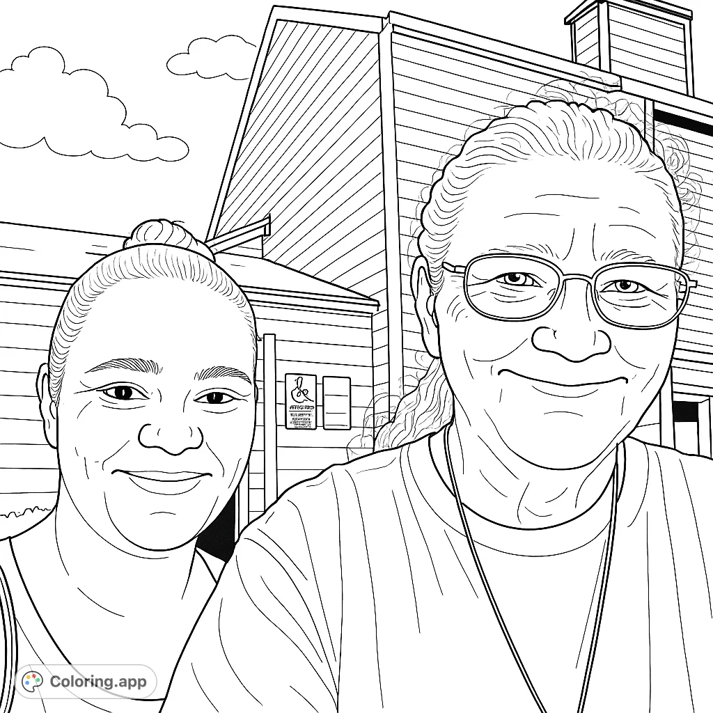 A heartwarming portrait of two smiling women, featuring detailed facial expressions and an architectural background. Perfect for personalizing and bringing to life.