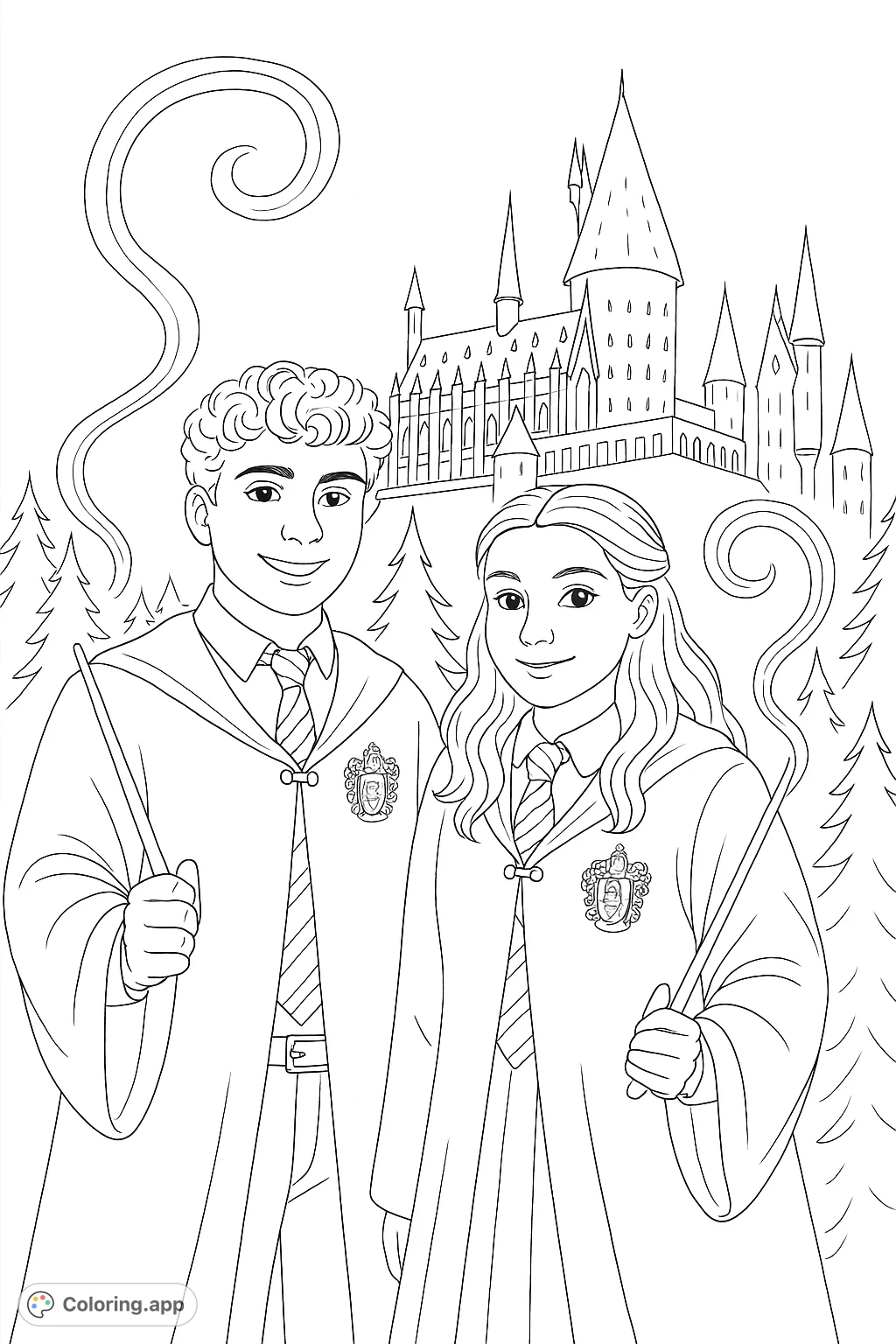 Step into a world of magic! This wizarding school coloring page features two young practitioners casting spells before a grand, mystical castle.