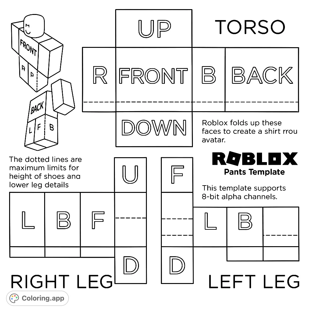 Unfold your creativity with this Roblox avatar clothing template. Design custom shirts and pants for virtual characters in this interactive coloring page.