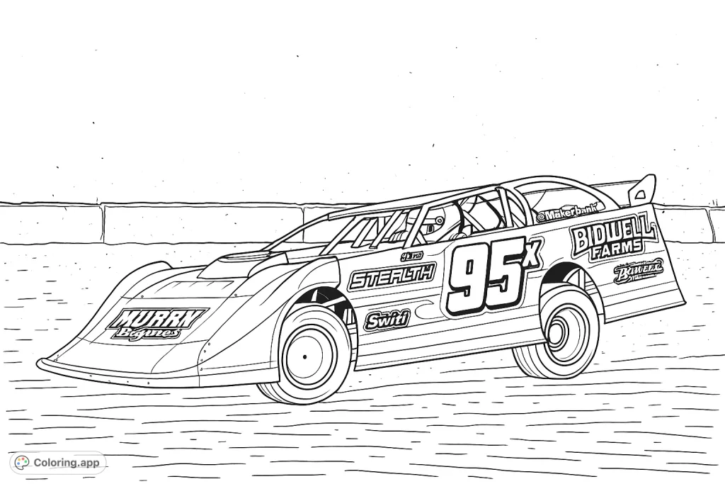 Experience the thrill of dirt track racing with this dynamic coloring page featuring a powerful race car, complete with detailed sponsor logos and a driver.
