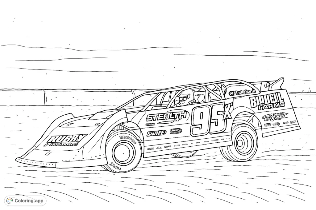 Experience the thrill of dirt track racing with this detailed coloring page featuring a powerful race car, complete with driver and dynamic mud splatters.