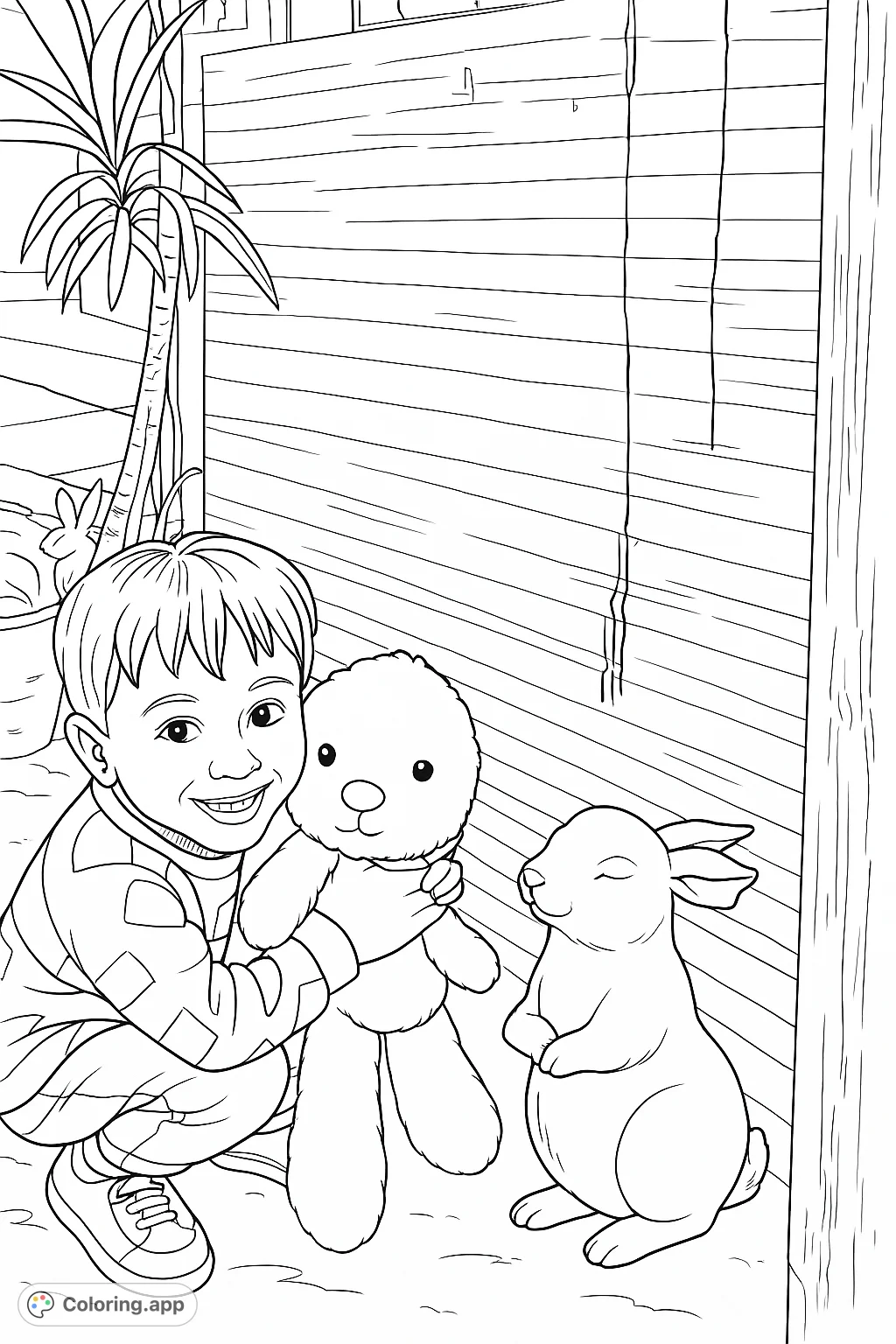 A happy child with a soft plush toy and a charming rabbit statue. A heartwarming scene inviting creativity and joy.