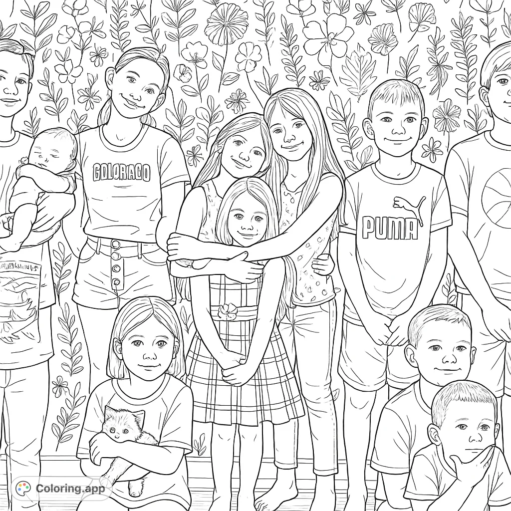 Discover a heartwarming scene with a group of children, including a baby and a sweet kitten. This cheerful family portrait coloring page is full of smiles and connections.