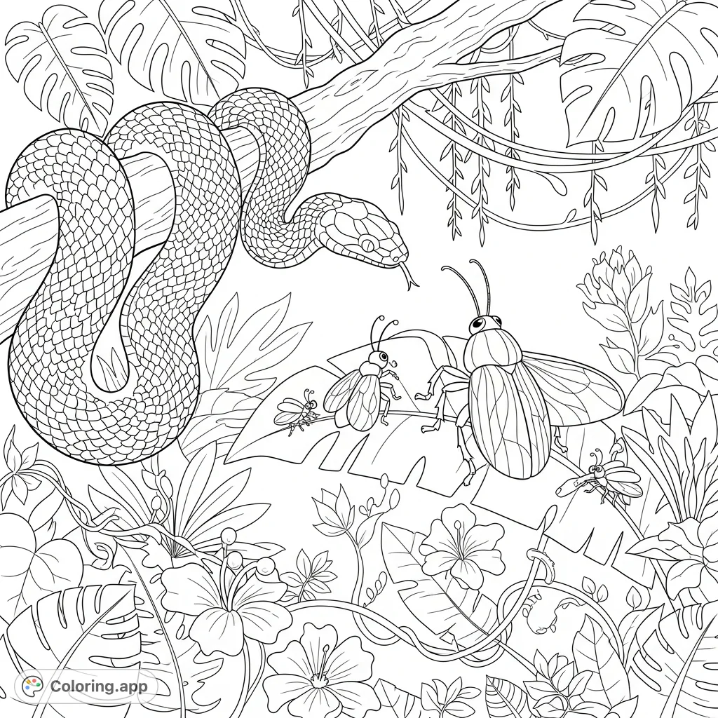 Explore a vibrant jungle scene featuring a majestic snake, a prominent big bug with intricate details, and its tiny friends nestled among lush foliage and winding vines.