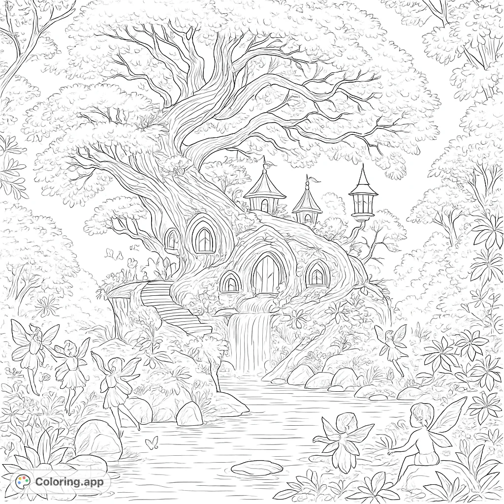 Step into an enchanted fairy tree village with whimsical dwellings, a cascading waterfall, and numerous tiny winged inhabitants amidst abundant fantasy flora. A magical scene awaits!