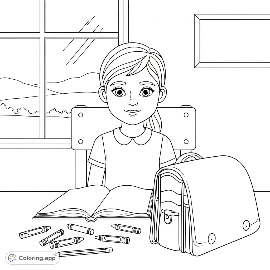 A pretty, educational coloring page featuring a girl seated at a table with a book, crayons, pencil, and school bag. Perfect for young learners.