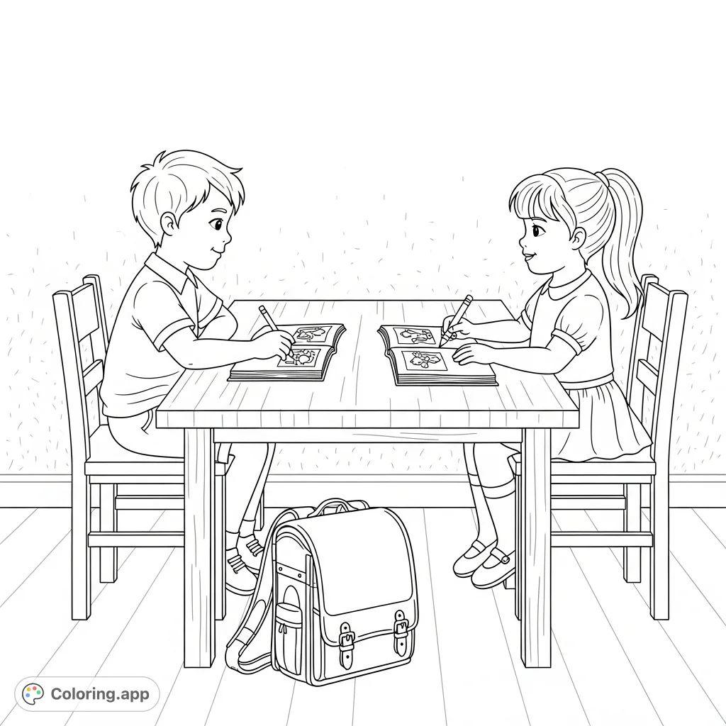 A charming coloring page depicting a boy and girl engaged at a table with a book, pencil, and crayon, perfect for creative young minds.