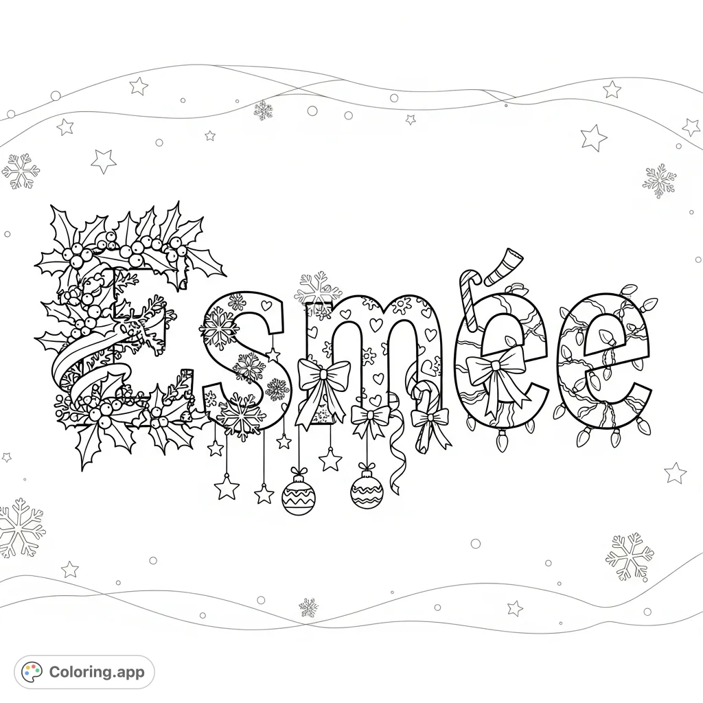 A charming Esmée coloring page, each letter beautifully decorated with festive Christmas elements, perfect for personalization and holiday cheer.