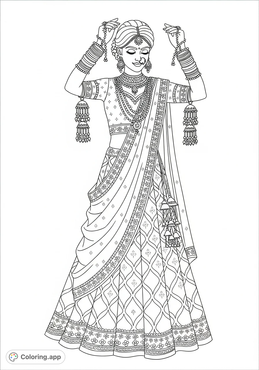 An exquisite Indian bride adorned in a detailed lehenga, intricate bangles, kalira, and traditional jewelry. Perfect for a cultural coloring experience.
