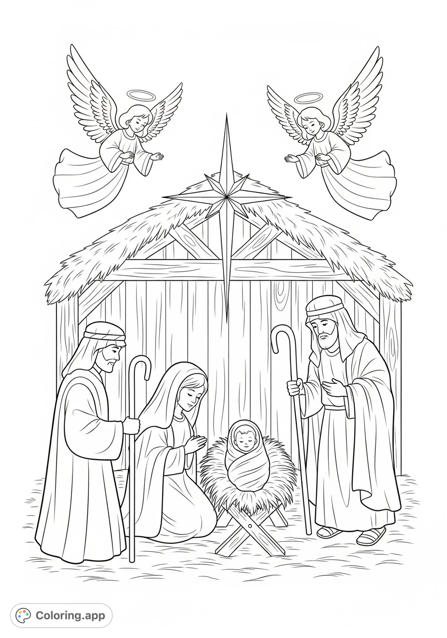 A simple, heartwarming Nativity scene for kids, featuring Baby Jesus, friendly shepherds, graceful angels, and a shining star over a stable.