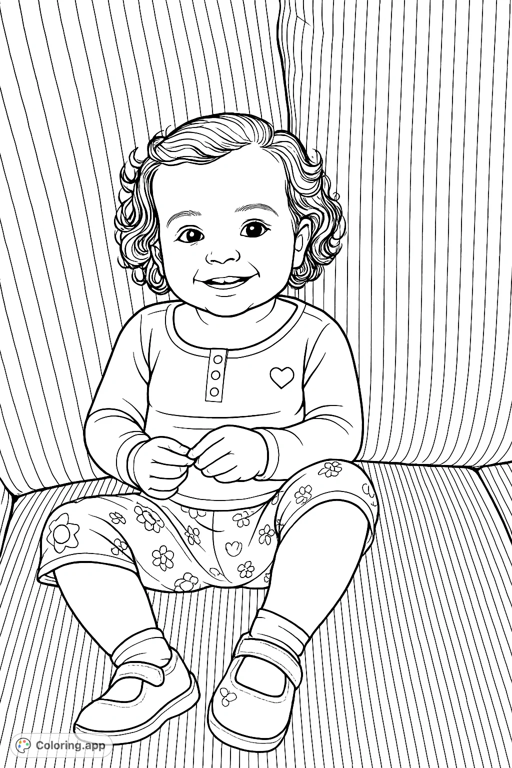 A sweet coloring page featuring a smiling child with curly hair, wearing a patterned outfit, holding a small object, seated on a textured sofa.