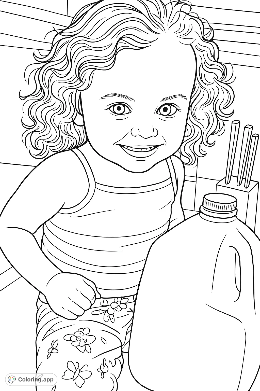 An adorable child smiles brightly next to a large jug, ready for a fun coloring adventure. Features curly hair and playful patterned pajamas.