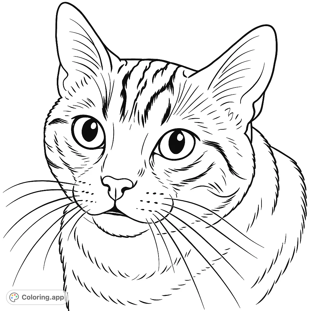 Color this captivating tabby cat portrait with detailed fur patterns, expressive eyes, and prominent whiskers. A purr-fect creative escape for animal lovers!