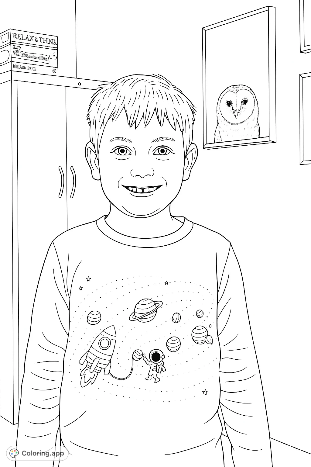 A cheerful boy in a space-themed shirt, featuring planets, a rocket, and an astronaut. A fun, free printable coloring page perfect for young adventurers!