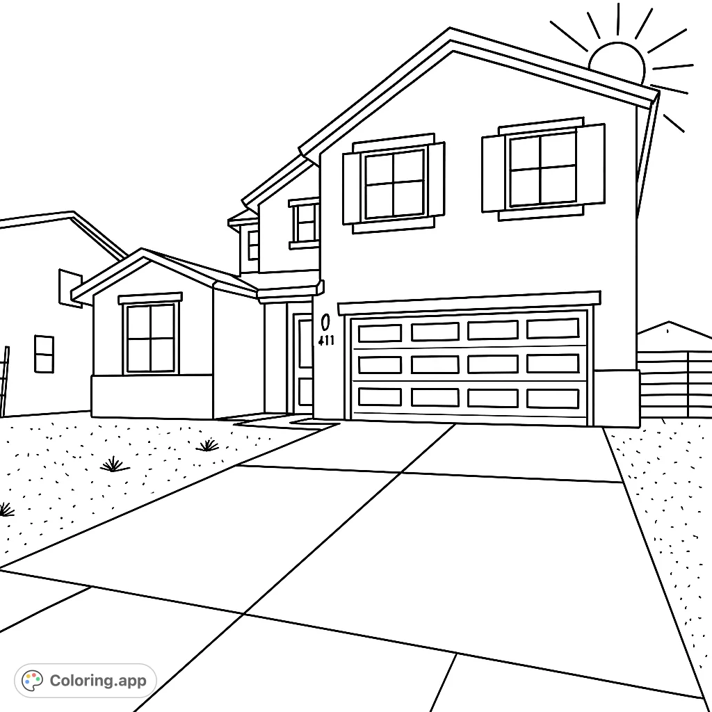 A detailed coloring page featuring a modern two-story home with a garage, inviting driveway, and subtle landscape elements, perfect for architectural enthusiasts.