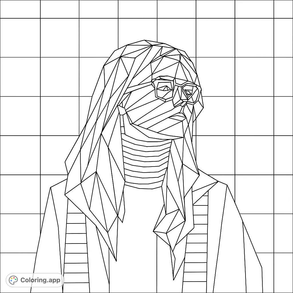 Color a striking geometric portrait, featuring a person with glasses and long, angular hair against a grid background. Perfect for modern art enthusiasts.