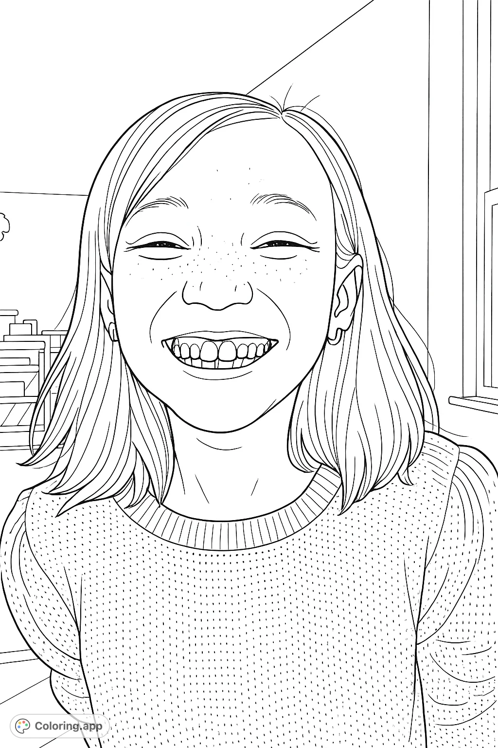Capture the joyful expression of a young girl with a wide smile and textured sweater in this charming free printable portrait coloring page for kids.