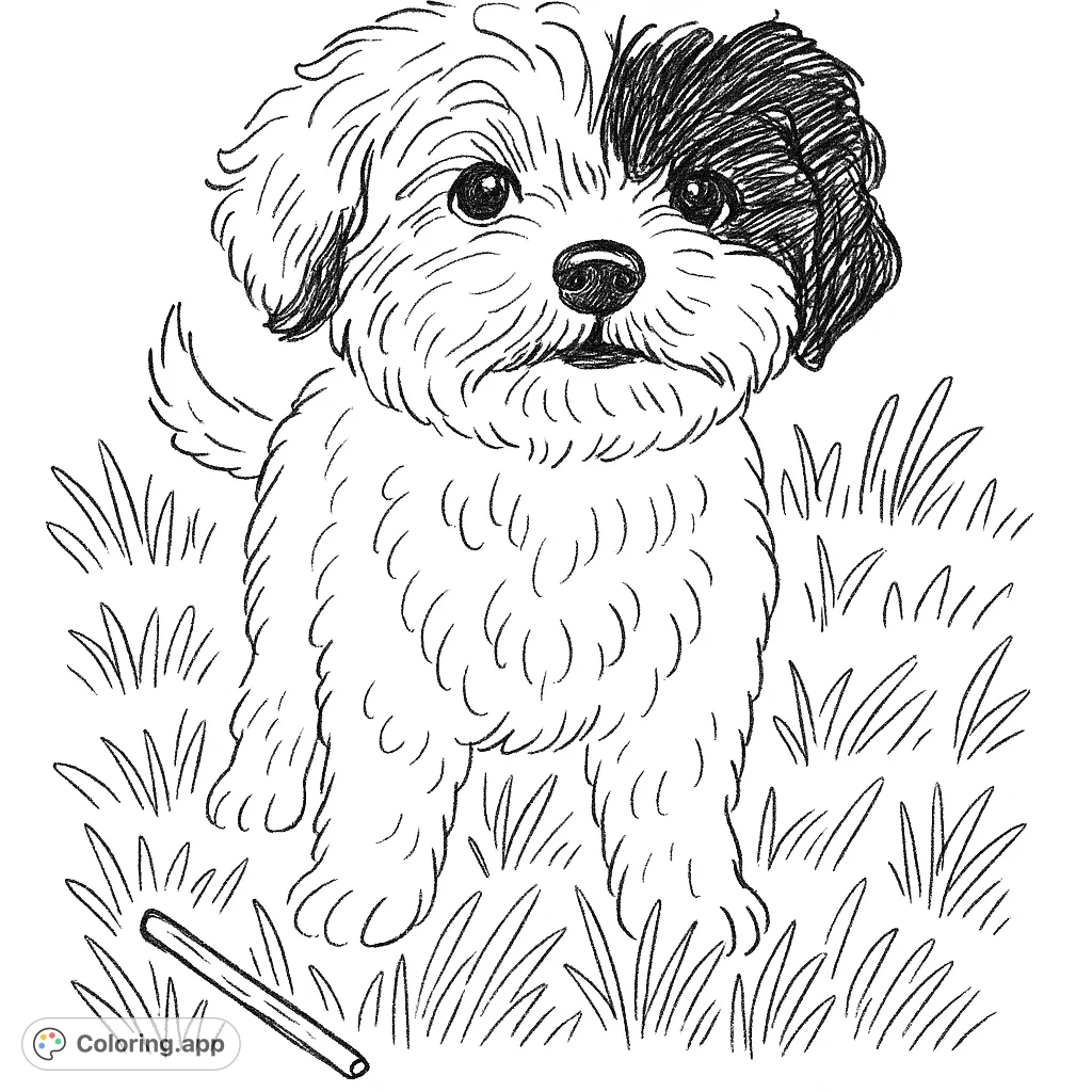 An adorable fluffy puppy with curly fur sits playfully in a grassy field. A charming and simple free printable dog coloring page, perfect for kids.