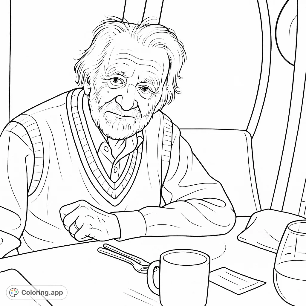 Capture the dignified presence of an elderly man with a textured beard and thoughtful expression, seated at a table with everyday items.