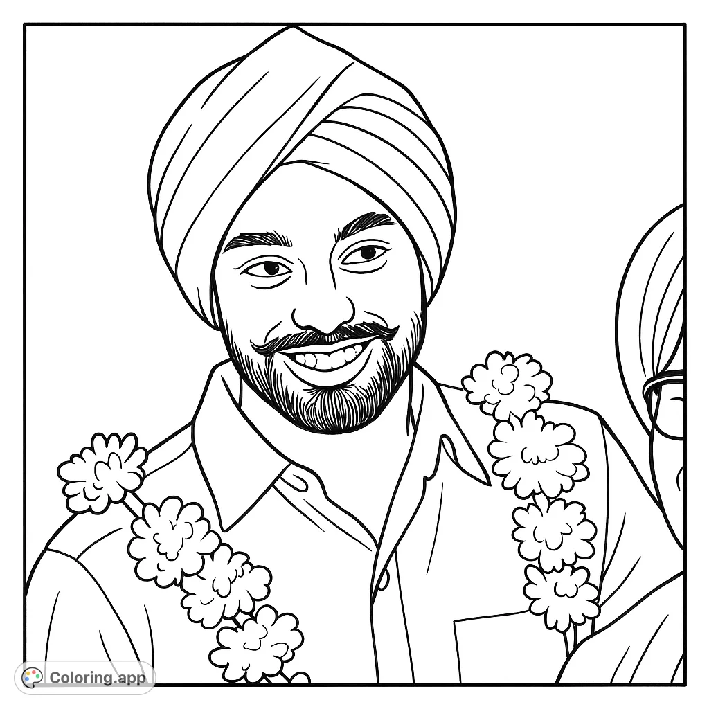 A joyful man in a traditional turban, with a warm smile, neat beard, and mustache, adorned with intricate floral garlands. A delightful cultural portrait.
